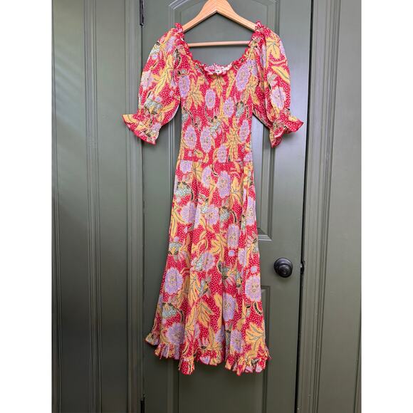 EUC Rhode Resort Eva Smocked Floral Puff Sleeve Maxi Cotton Red Dress Size Small - Picture 1 of 8